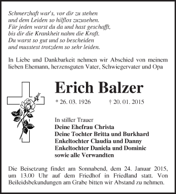 Traueranzeige von Erich Balzer von Märkische Oderzeitung