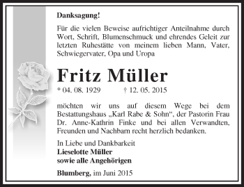 Traueranzeige von Fritz Müller von Märkische Oderzeitung