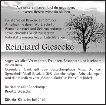 Traueranzeige von Reinhard Giesecke von Märkische Oderzeitung