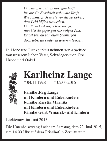 Traueranzeige von Karlheinz Lange von Märkische Oderzeitung