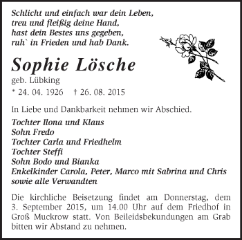 Traueranzeige von Sophie Lösche von Märkische Oderzeitung