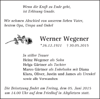 Traueranzeige von Werner Wegener von Märkische Oderzeitung