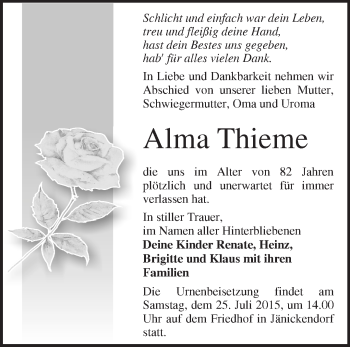 Traueranzeige von Alma Thieme von Märkische Oderzeitung