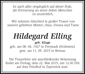 Traueranzeige von Hildegard Elling von Märkische Oderzeitung