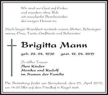 Traueranzeige von Brigitta Mann von Märkische Oderzeitung