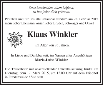 Traueranzeige von Klaus Winkler von Märkische Oderzeitung