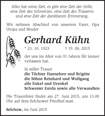 Traueranzeige von Gerhard Kühn von Märkische Oderzeitung