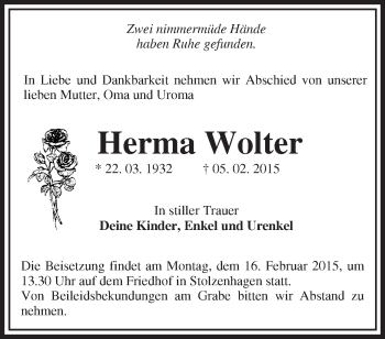 Traueranzeige von Herma Wolter von Märkische Oderzeitung