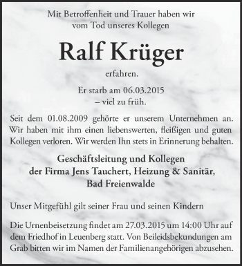 Traueranzeige von Ralf Krüger von Märkische Oderzeitung