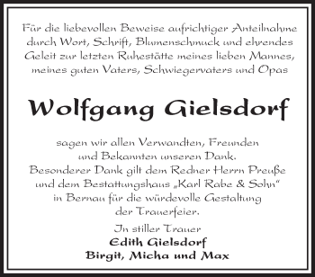 Traueranzeige von Wolfgang Gielsdorf von Märkische Oderzeitung