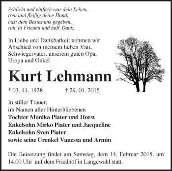 Traueranzeige von Kurt Lehmann von Märkische Oderzeitung