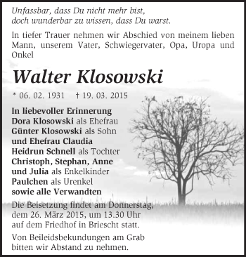 Traueranzeige von Walter Klosowski von Märkische Oderzeitung