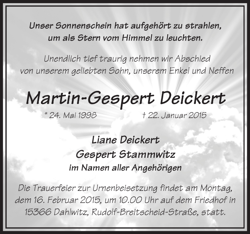  Traueranzeige für Martin-Gespert Deickert vom 30.01.2015 aus Märkische Oderzeitung