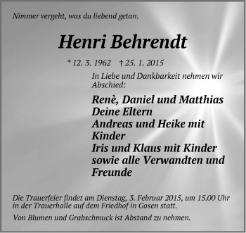 Traueranzeige von Henri Behrendt von Märkische Oderzeitung