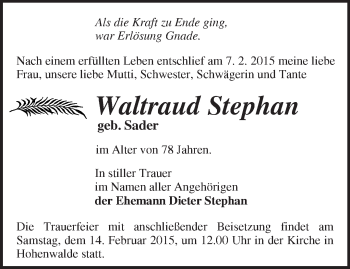 Traueranzeige von Waltraud Stephan von Märkische Oderzeitung