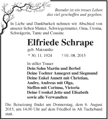 Traueranzeige von Elfriede Schrape von Märkische Oderzeitung