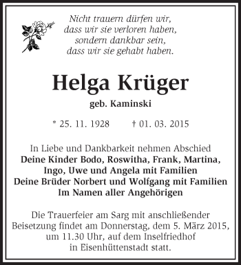 Traueranzeige von Helga Krüger von Märkische Oderzeitung