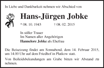 Traueranzeige von Hans-Jürgen Jobke von Märkische Oderzeitung