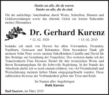 Traueranzeige von Gerhard Kurenz von Märkische Oderzeitung
