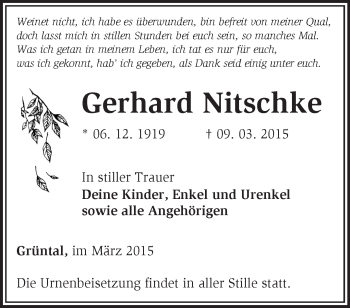 Traueranzeige von Gerhard Nitschke von Märkische Oderzeitung