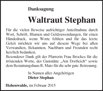 Traueranzeige von Waltraut Stephan von Märkische Oderzeitung