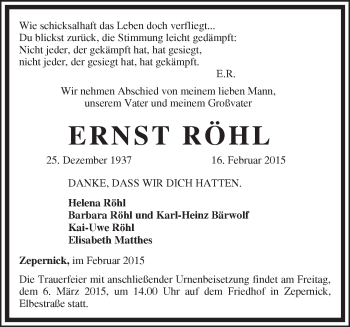 Traueranzeige von Ernst Röhl von Märkische Oderzeitung