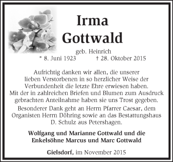 Traueranzeige von Irma Gottwald von Märkische Oderzeitung