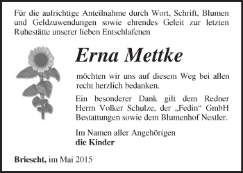 Traueranzeige von Erna Mettke von Märkische Oderzeitung