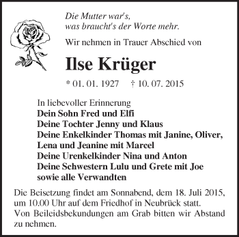 Traueranzeige von Ilse Krüger von Märkische Oderzeitung