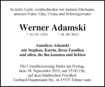 Traueranzeige von Werner Adamski von Märkische Oderzeitung