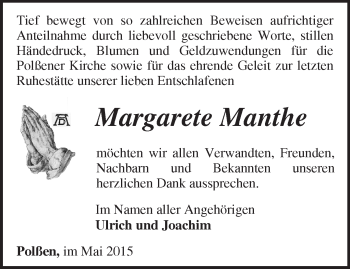 Traueranzeige von Margarete Manthe von Märkische Oderzeitung