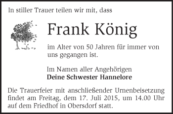 Traueranzeige von Frank König von Märkische Oderzeitung