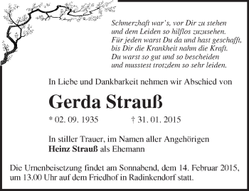 Traueranzeige von Gerda Strauß von Märkische Oderzeitung