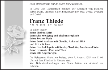 Traueranzeige von Franz Thiede von Märkische Oderzeitung