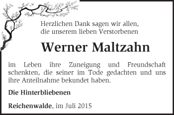 Traueranzeige von Werner Maltzahn von Märkische Oderzeitung