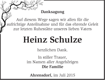 Traueranzeige von Heinz Schulze von Märkische Oderzeitung