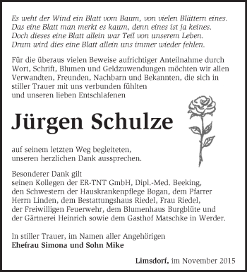 Traueranzeige von Jürgen Schulze von Märkische Oderzeitung