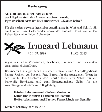 Traueranzeige von Irmgard Lehmann von Märkische Oderzeitung