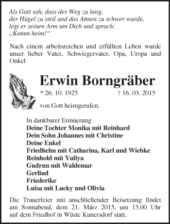 Traueranzeige von Erwin Borngräber von Märkische Oderzeitung