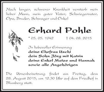 Traueranzeige von Erhard Pohle von Märkische Oderzeitung