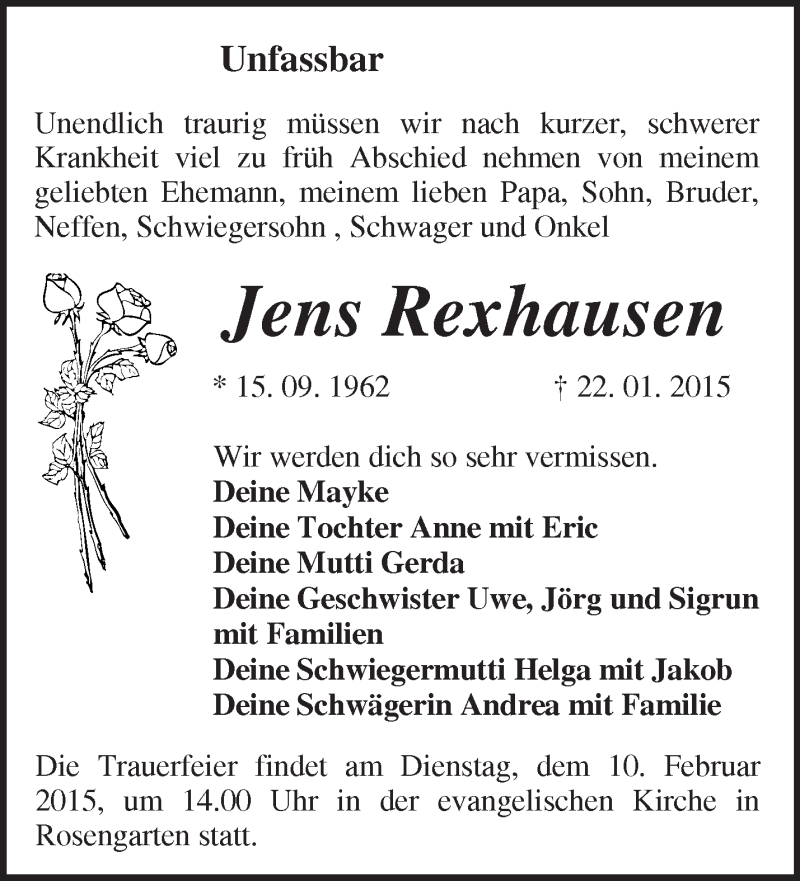  Traueranzeige für Jens Rexhausen vom 27.01.2015 aus Märkische Oderzeitung