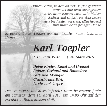 Traueranzeige von Karl Toepler von Märkische Oderzeitung