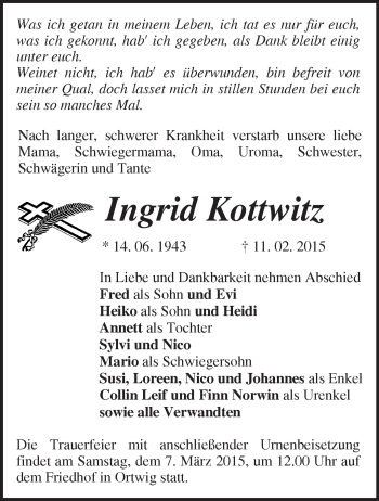 Traueranzeige von Ingrid Kottwitz von Märkische Oderzeitung