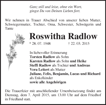 Traueranzeige von Roswitha Radlow von Märkische Oderzeitung