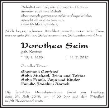 Traueranzeige von Dorothea Seim von Märkische Oderzeitung