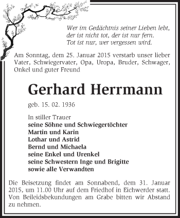 Traueranzeige von Gerhard Herrmann von Märkische Oderzeitung