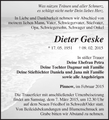 Traueranzeige von Dieter Geske von Märkische Oderzeitung