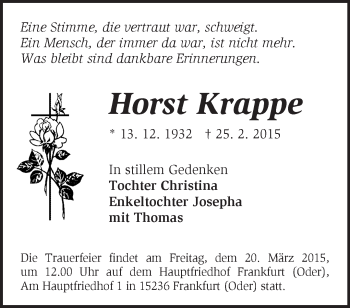 Traueranzeige von Horst Krappe von Märkische Oderzeitung