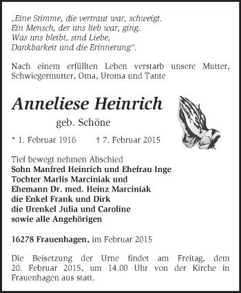 Traueranzeige von Anneliese Heinrich von Märkische Oderzeitung