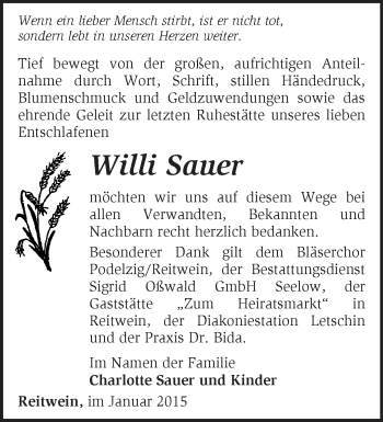 Traueranzeige von Willi Sauer von Märkische Oderzeitung